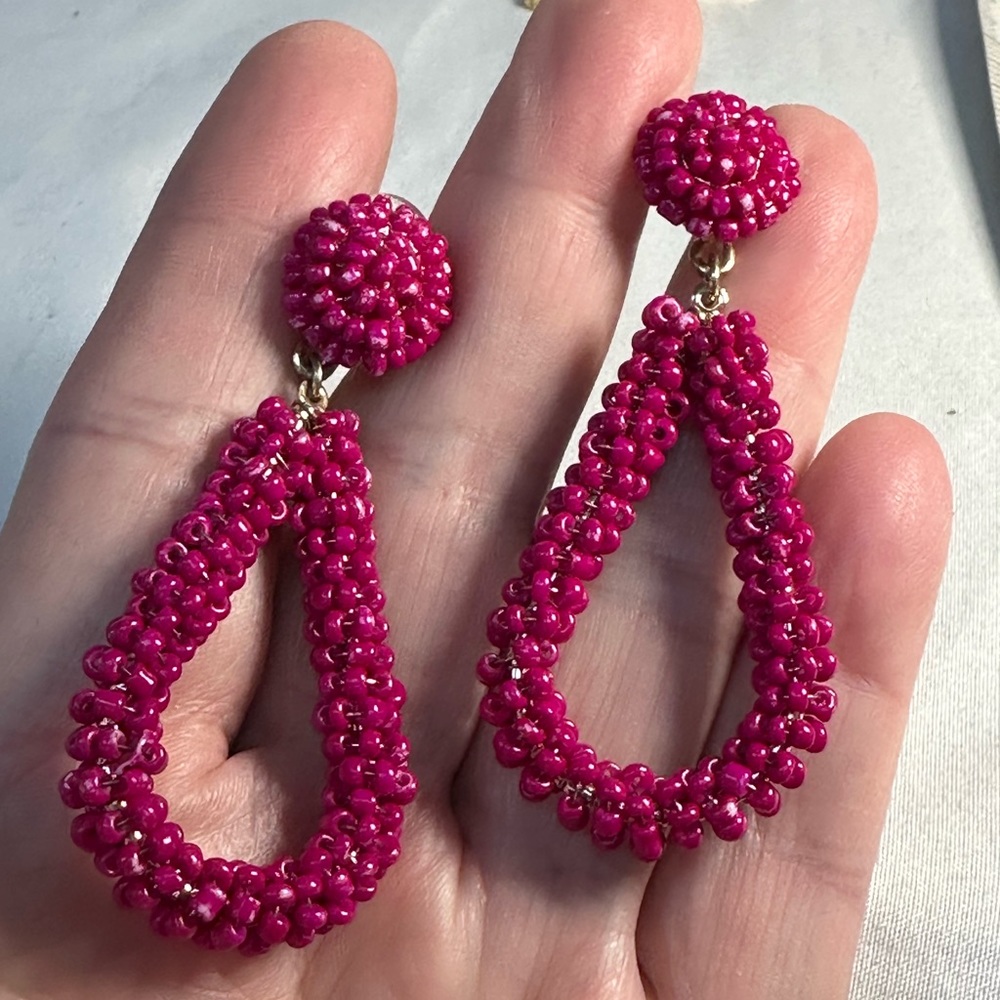 Large drop dangle pink seed bead earrings
